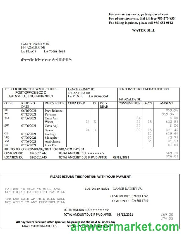 USA Louisiana St. John the Baptist Parish water bill in Word and PDF format